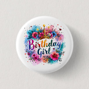 Floral Crown Birthday Girl 3 Cm Round Badge