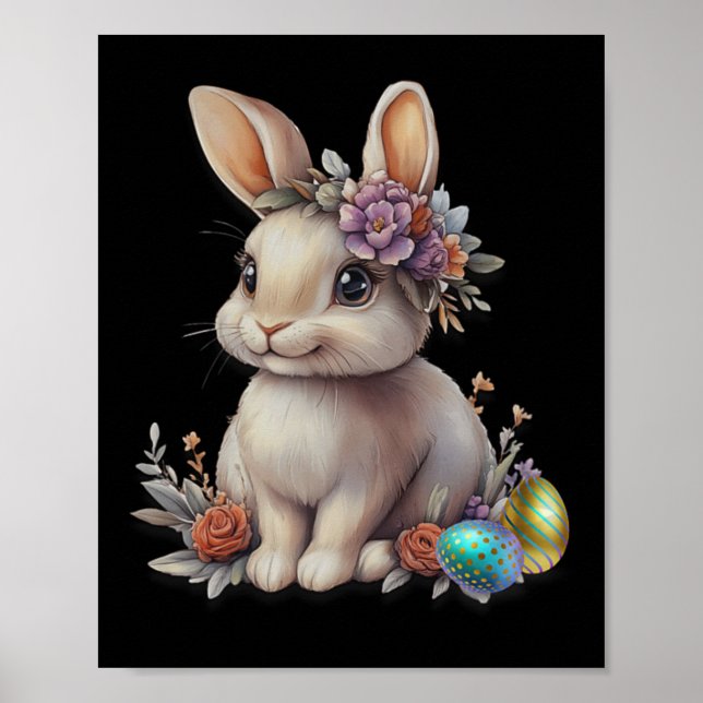Floral Crown Easter Bunny With Spring Egg Design  Poster (Front)