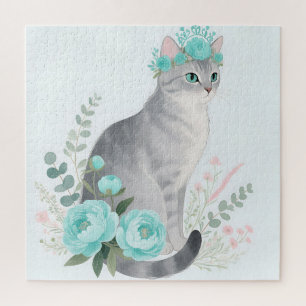 Floral Crown Grey Cat Jigsaw Puzzle