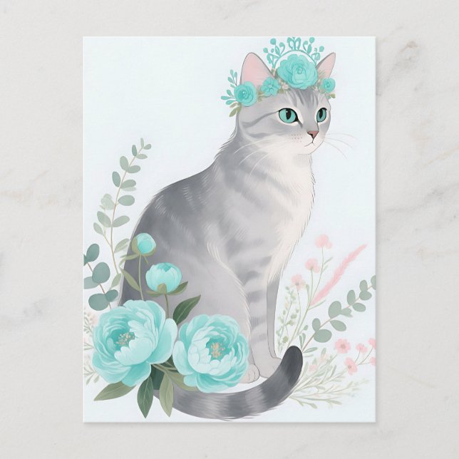 Floral Crown Grey Cat Postcard (Front)
