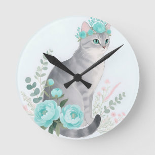 Floral Crown Grey Cat Round Clock