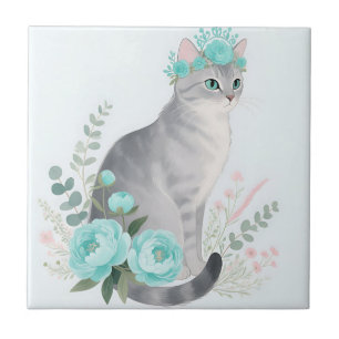 Floral Crown Grey Cat Tile