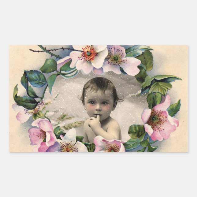 FLORAL CROWN,WILD ROSES BABY SHOWER PHOTO TEMPLATE RECTANGULAR STICKER (Front)