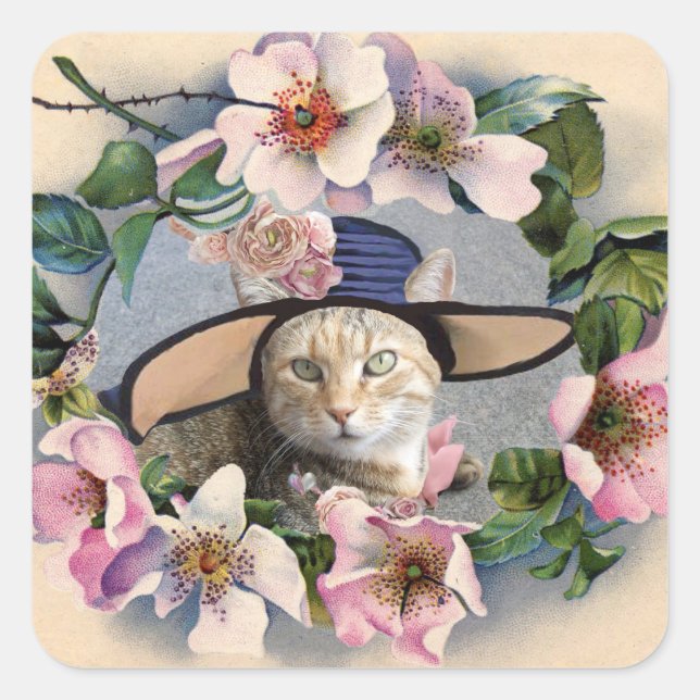 FLORAL CROWN,WILD ROSES TATUS CAT PHOTO TEMPLATE SQUARE STICKER (Front)