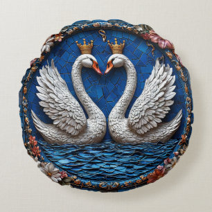 Floral Crowned Swans Romantic Elegant Wedding Round Cushion