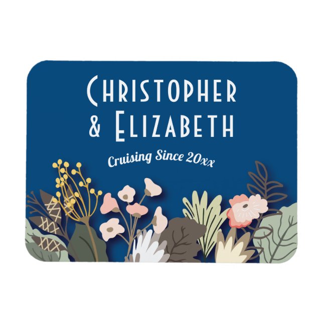 Floral  Cruise Ship Door Finder Blue Monogram Magnet (Horizontal)