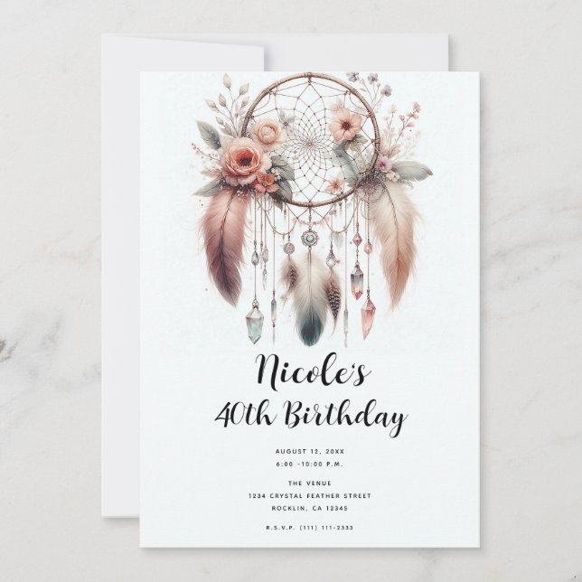 Floral Crystal Feather Dreamcatcher Boho Birthday Invitation (Front)
