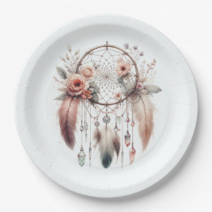 Floral Crystal Feather Dreamcatcher Boho Sweet 16 Paper Plate