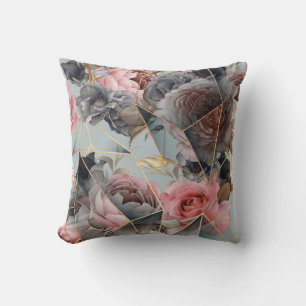 Floral crystal geometry, watercolor light backgrou cushion