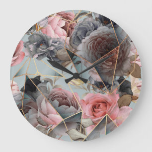 Floral crystal geometry, watercolor light backgrou large clock