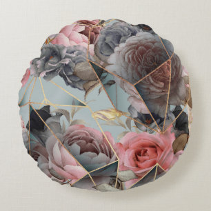 Floral crystal geometry, watercolor light backgrou round cushion