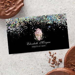 Floral Cupcake Colourful Confetti, Black Business Card