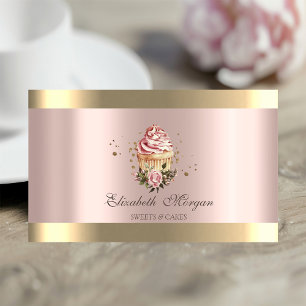 Floral Cupcakes Gold Stripe Rose Gold Bakery Business Card