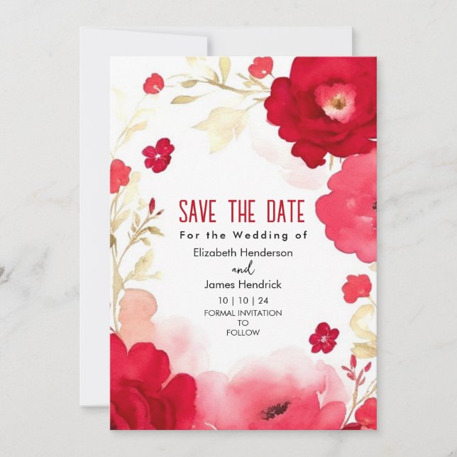 Floral Custom Crimson Red Digital Wedding Invitation (Front)