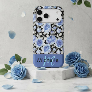 Floral Custom Name Stylish Blue Roses on Black