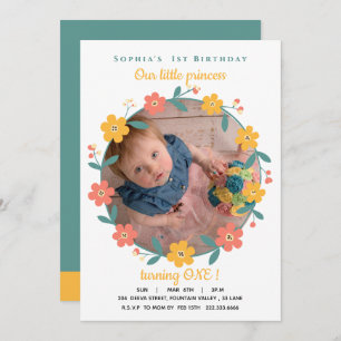 Floral Custom Photo 1st Birthday Invitation
