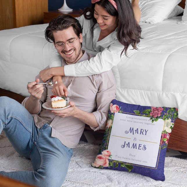 Floral Custom Text Wedding Anniversary Gift Blue Cushion (Creator Uploaded)