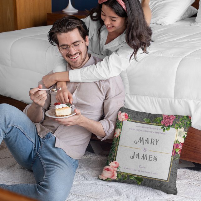 Floral Custom Text Wedding Anniversary Gift Grey Cushion (Creator Uploaded)