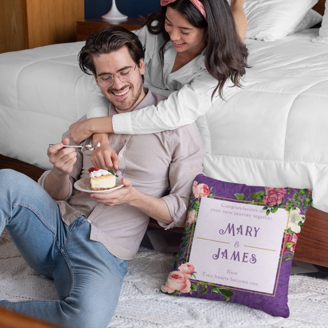 Floral Custom Text Wedding Anniversary Gift Violet Cushion (Creator Uploaded)