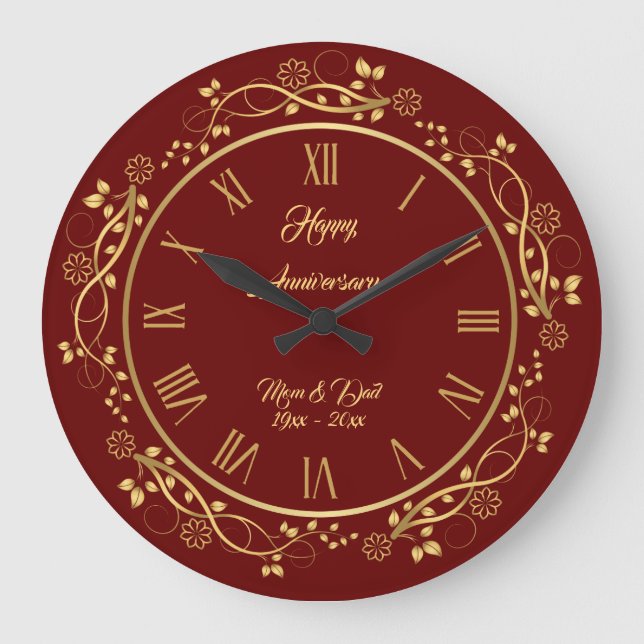 Floral Customise Happy Gold 50th Anniversary Large Clock (Front)