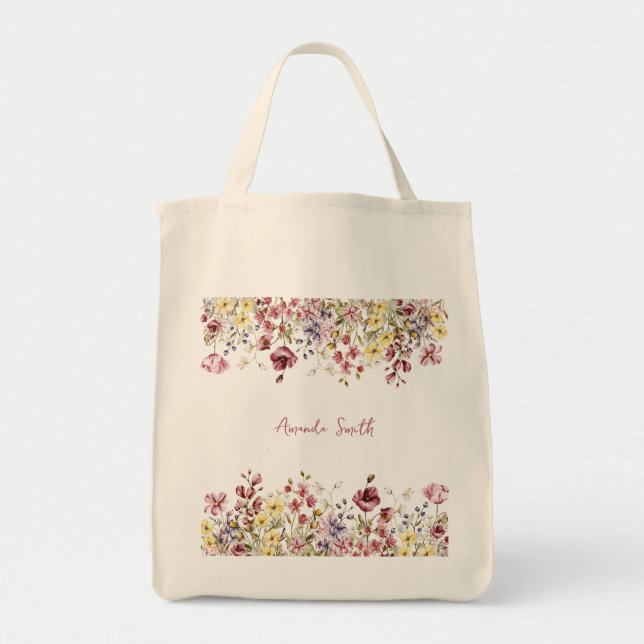 Floral Customised Name Flowers Tote Bag (Front)