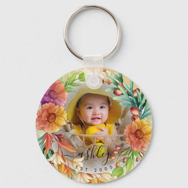 Floral Customised Photo Name Colourful Watercolor Key Ring (Front)