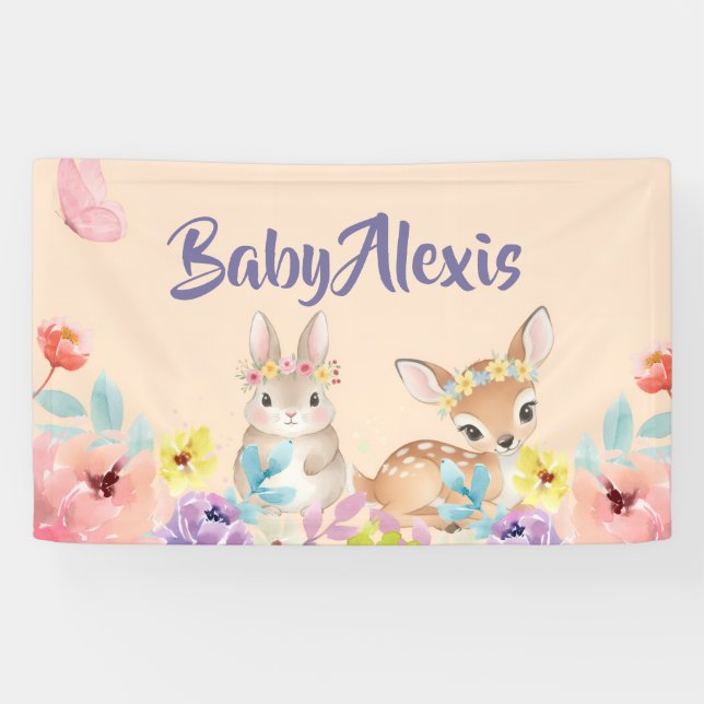 Floral cute animal baby shower backdrop banner (Horizontal)