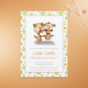 Floral Cute Baby Owls Baby Shower Twins Invitation
