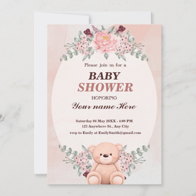 Floral Cute Bear Baby shower invitations for Girls (Front)