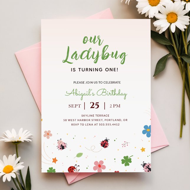 Floral Cute Bug Ladybug Girl 1st Birthday Party Invitation (Creator Uploaded)