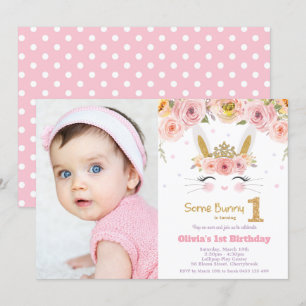 Floral Cute Bunny Rabbit 1st Birthday Photo Invitation