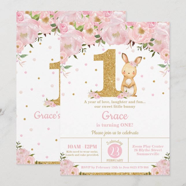 Floral Cute Bunny Rabbit Girl 1st Birthday Party Invitation (Front/Back)
