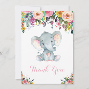 Floral Cute Elephant Baby Girl Pink and Grey Thank You Card