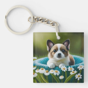 Floral cute little dog in dazies key ring