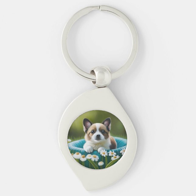 Floral cute little dog in dazies key ring (Front)