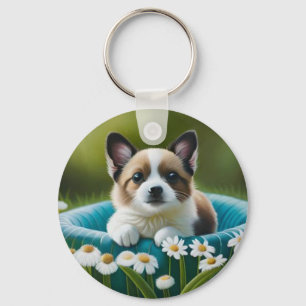Floral cute little dog in dazies key ring