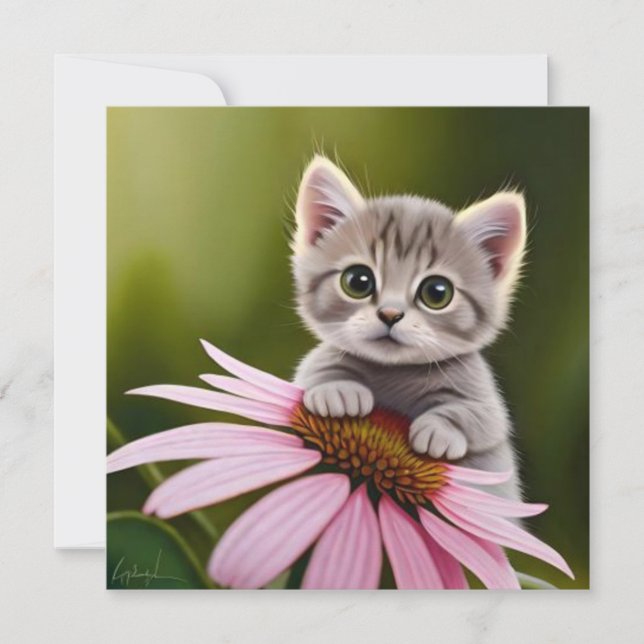 Floral cute little grey cat  invitation (Front)