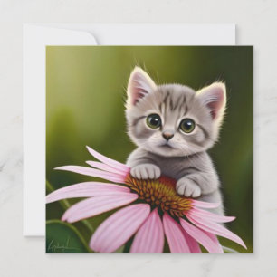 Floral cute little grey cat invitation