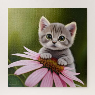 Floral cute little grey cat  jigsaw puzzle