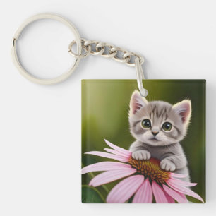 Floral cute little grey cat  key ring
