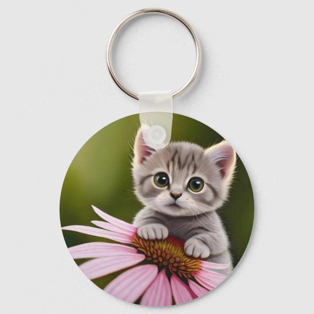 Floral cute little grey cat  key ring (Front)
