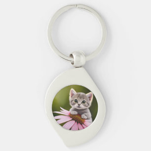 Floral cute little grey cat  key ring