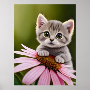 Floral cute little grey cat  poster