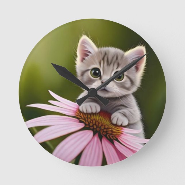 Floral cute little grey cat  round clock (Front)