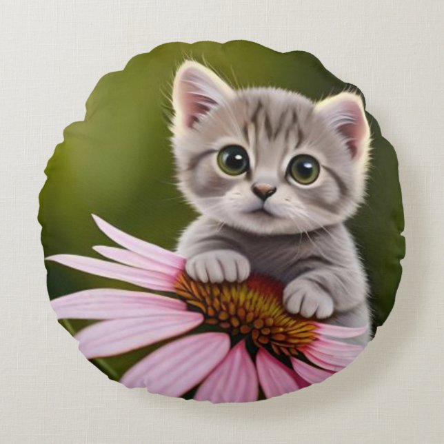 Floral cute little grey cat  round cushion (Front)