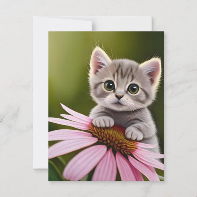 Floral cute little grey cat  RSVP card (Front)