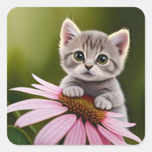 Floral cute little grey cat  square sticker