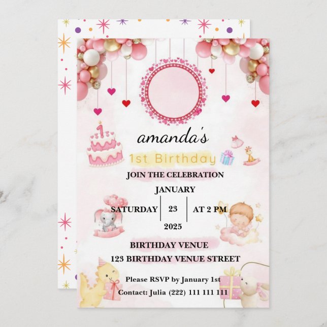 Floral  – Cute Pastel Baby 1st Birthday Party Invitation (Front/Back)