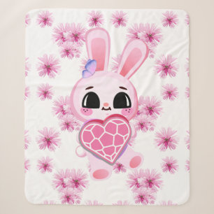 Floral cute pink rabbit easter sherpa blanket
