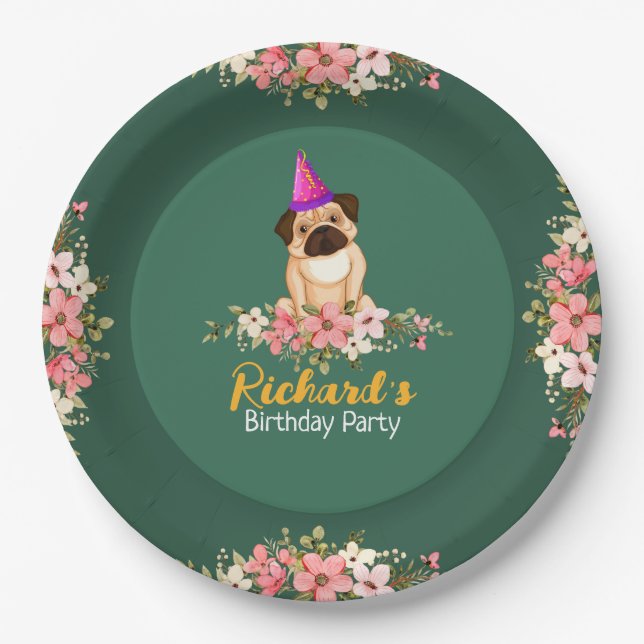 Floral Cute Puppy Kids Birthday Paper Plate (Front)